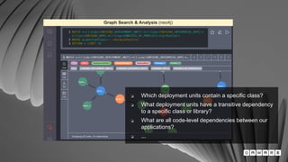 10
Graph Search & Analysis (neo4j)
❏ Which deployment units contain a specific class?
❏ What deployment units have a transitive dependency
to a specific class or library?
❏ What are all code-level dependencies between our
applications?
❏ ...
 