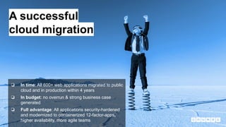 3
A successful
cloud migration
❏ In time: All 600+ web applications migrated to public
cloud and in production within 4 years
❏ In budget: no overrun & strong business case
generated
❏ Full advantage: All applications security-hardened
and modernized to containerized 12-factor-apps,
higher availability, more agile teams
 