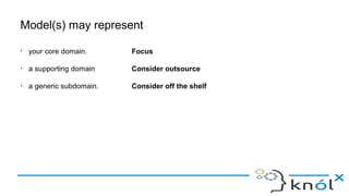 Model(s) may represent
➢
your core domain. Focus
➢
a supporting domain Consider outsource
➢
a generic subdomain. Consider off the shelf
 