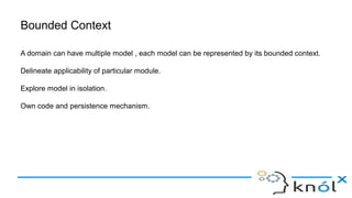 Bounded Context
A domain can have multiple model , each model can be represented by its bounded context.
Delineate applicability of particular module.
Explore model in isolation.
Own code and persistence mechanism.
 