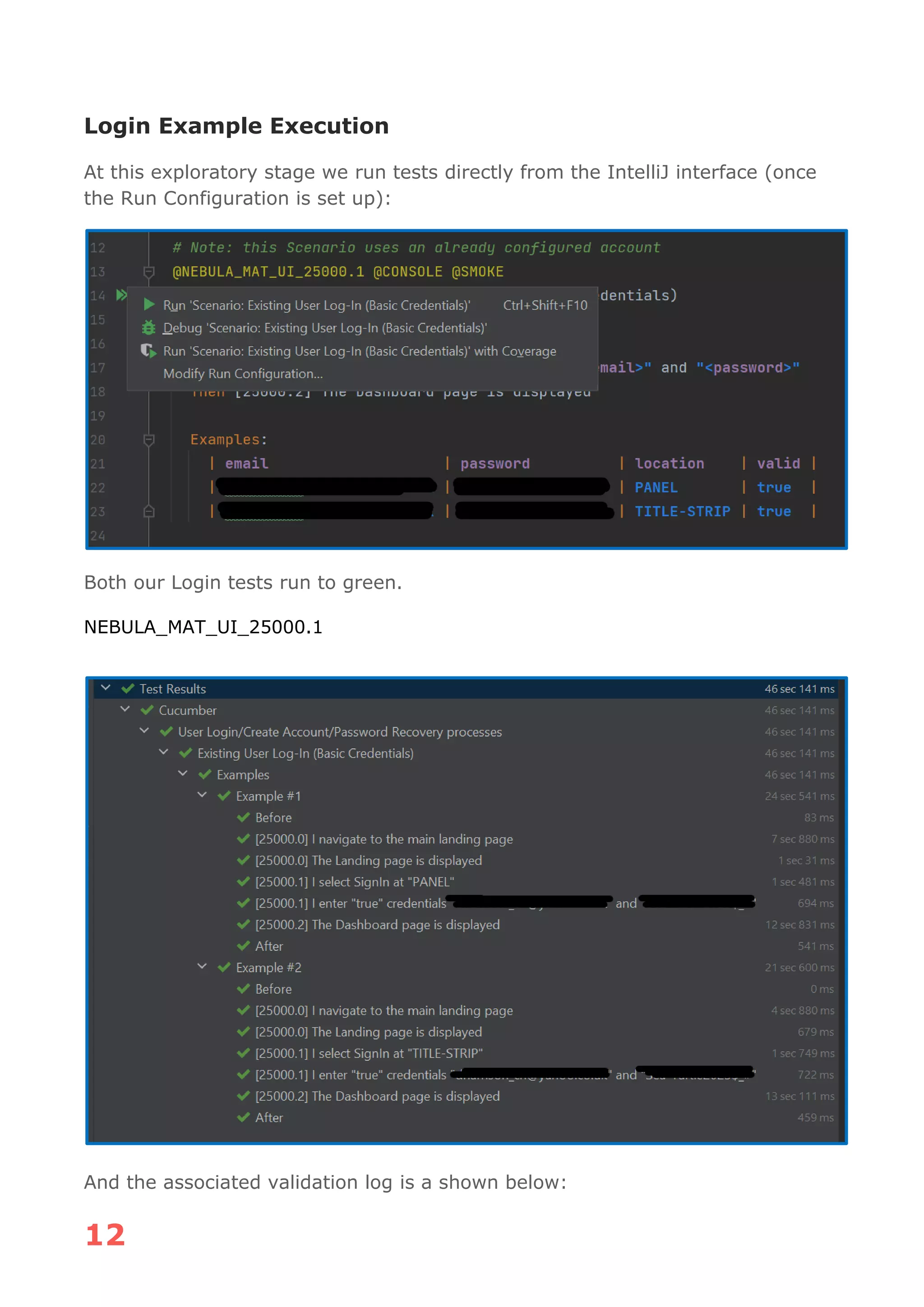 12
Login Example Execution
At this exploratory stage we run tests directly from the IntelliJ interface (once
the Run Configuration is set up):
Both our Login tests run to green.
NEBULA_MAT_UI_25000.1
And the associated validation log is a shown below:
 