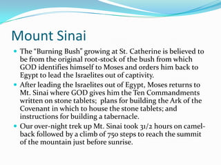 Mount Sinai
 The “Burning Bush” growing at St. Catherine is believed to
  be from the original root-stock of the bush from which
  GOD identifies himself to Moses and orders him back to
  Egypt to lead the Israelites out of captivity.
 After leading the Israelites out of Egypt, Moses returns to
  Mt. Sinai where GOD gives him the Ten Commandments
  written on stone tablets; plans for building the Ark of the
  Covenant in which to house the stone tablets; and
  instructions for building a tabernacle.
 Our over-night trek up Mt. Sinai took 31/2 hours on camel-
  back followed by a climb of 750 steps to reach the summit
  of the mountain just before sunrise.
 
