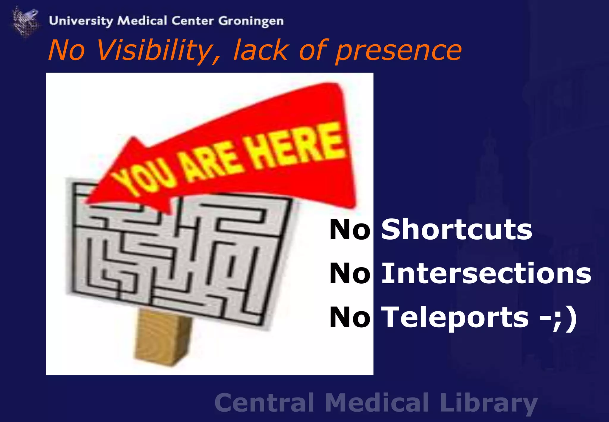 Central Medical Library
No Shortcuts
No Intersections
No Teleports -;)
No Visibility, lack of presence
 