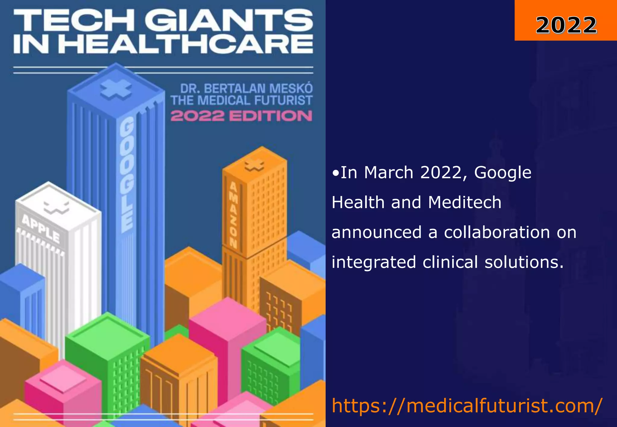 https://medicalfuturist.com/
•In March 2022, Google
Health and Meditech
announced a collaboration on
integrated clinical solutions.
 