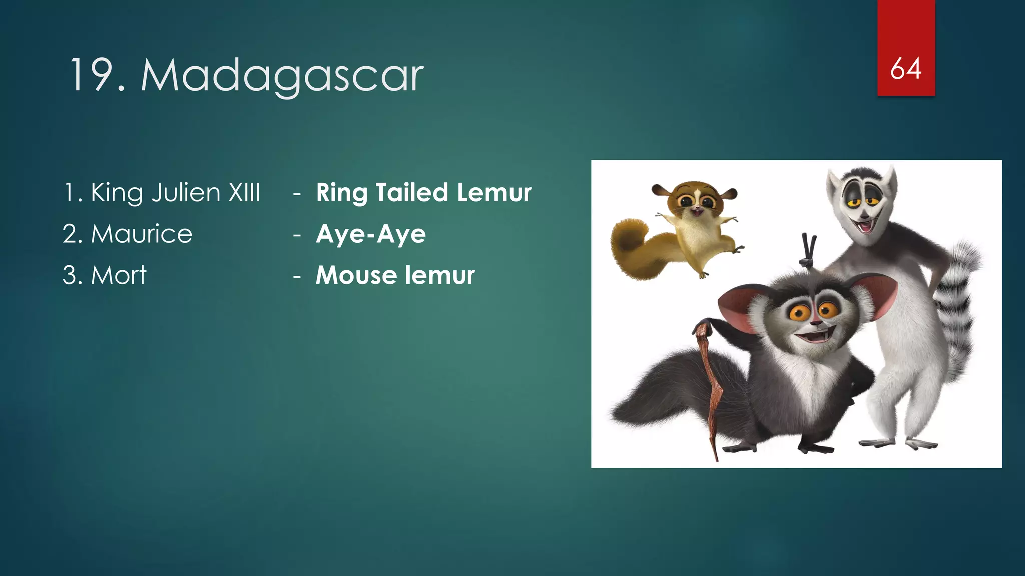 19. Madagascar
1. King Julien XIII

- Ring Tailed Lemur

2. Maurice

- Aye-Aye

3. Mort

- Mouse lemur

64

 