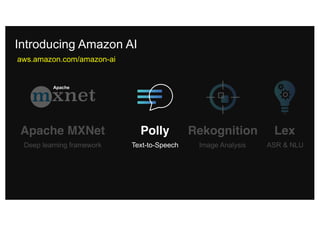 Introducing Amazon AI
Polly
Text-to-Speech
Apache MXNet Rekognition
Image Analysis
Lex
ASR & NLU
Apache
Deep learning framework
aws.amazon.com/amazon-ai
 