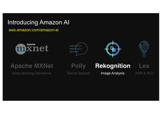 Introducing Amazon AI
Polly
Text-to-Speech
Apache MXNet Rekognition Lex
Image Analysis ASR & NLU
Apache
Deep learning framework
aws.amazon.com/amazon-ai
 
