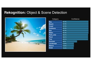 Rekognition: Object & Scene Detection
Bay
Beach
Coast
Outdoors
Sea
Water
Palm_tree
Plant
Tree
Summer
Landscape
Nature
Hotel
99.18%
99.18%
99.18%
99.18%
99.18%
99.18%
99.21%
99.21%
99.21%
58.3%
51.84%
51.84%
51.24%
Category Confidence
 