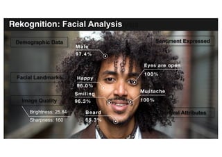 Demographic Data
Facial Landmarks
Sentiment Expressed
Image Quality
Facial Analysis
Brightness: 25.84
Sharpness: 160
General Attributes
Rekognition: Facial Analysis
 