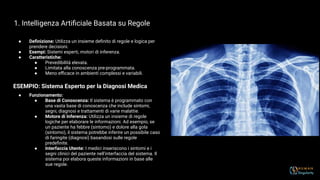 1. Intelligenza Artiﬁciale Basata su Regole
● Deﬁnizione: Utilizza un insieme deﬁnito di regole e logica per
prendere decisioni.
● Esempi: Sistemi esperti, motori di inferenza.
● Caratteristiche:
● Prevedibilità elevata.
● Limitata alla conoscenza pre-programmata.
● Meno eﬃcace in ambienti complessi e variabili.
ESEMPIO: Sistema Esperto per la Diagnosi Medica
● Funzionamento:
● Base di Conoscenza: Il sistema è programmato con
una vasta base di conoscenza che include sintomi,
segni, diagnosi e trattamenti di varie malattie.
● Motore di Inferenza: Utilizza un insieme di regole
logiche per elaborare le informazioni. Ad esempio, se
un paziente ha febbre (sintomo) e dolore alla gola
(sintomo), il sistema potrebbe inferire un possibile caso
di faringite (diagnosi) basandosi sulle regole
predeﬁnite.
● Interfaccia Utente: I medici inseriscono i sintomi e i
segni clinici del paziente nell'interfaccia del sistema. Il
sistema poi elabora queste informazioni in base alle
sue regole.
 