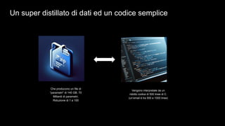Un super distillato di dati ed un codice semplice
Vengono interpretate da un
ridotto codice di 500 linee di C.
(un’email è tra 500 e 1000 linee)
Che producono un file di
“parametri” di 140 GB. 70
Miliardi di parametri.
Riduzione di 1 a 100
 