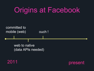 Origins at Facebook
2011 present
committed to
mobile (web)
web to native
(data APIs needed)
ouch !
 