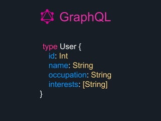 GraphQL
type User {
id: Int
name: String
occupation: String
interests: [String]
}
 