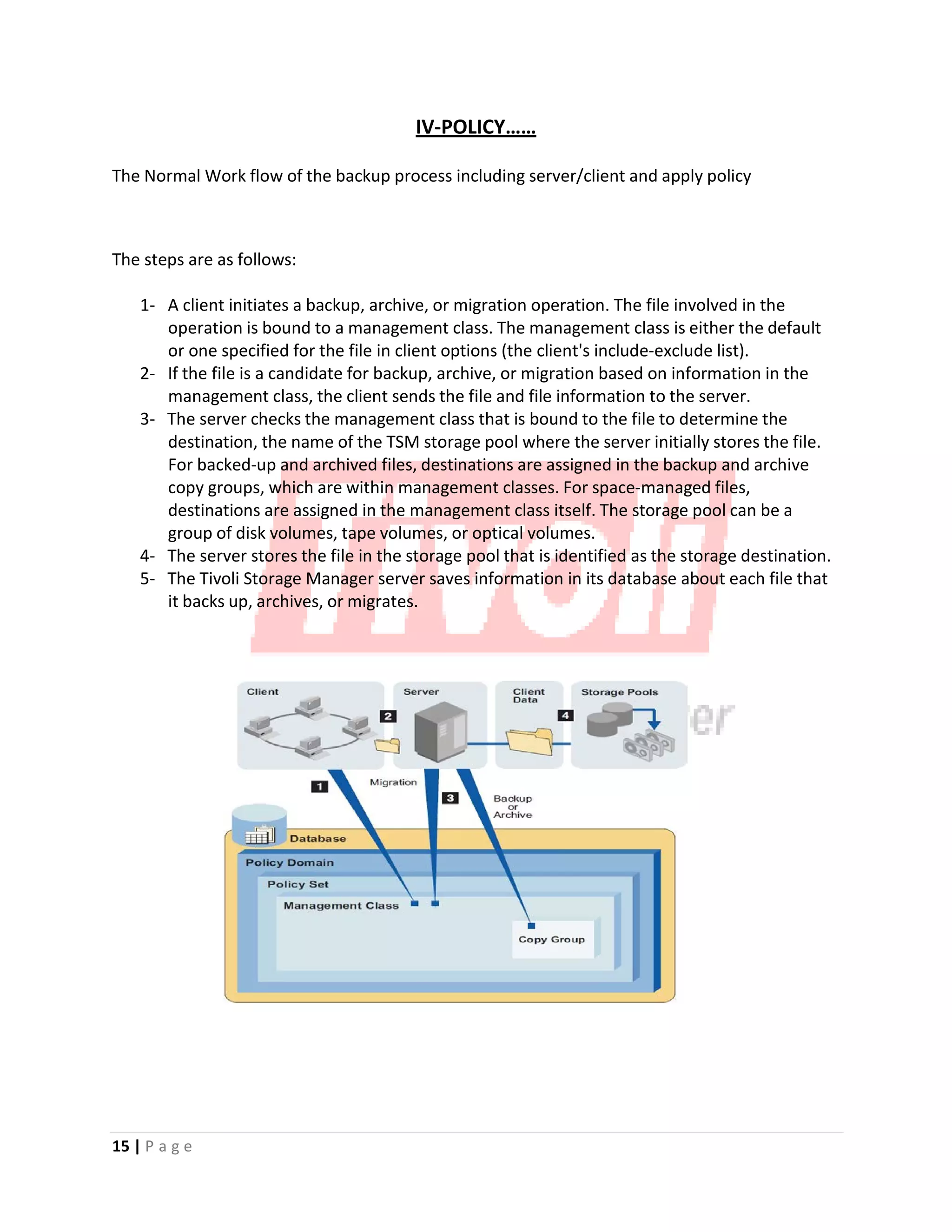 IV‐POLICY……
The Normal Work flow of the backup process including server/client and apply policy
The steps are as follows:
1‐ A client initiates a backup, archive, or migration operation. The file involved in the
operation is bound to a management class. The management class is either the default
or one specified for the file in client options (the client's include‐exclude list).
2‐ If the file is a candidate for backup, archive, or migration based on information in the
management class, the client sends the file and file information to the server.
3‐ The server checks the management class that is bound to the file to determine the
destination, the name of the TSM storage pool where the server initially stores the file.
For backed‐up and archived files, destinations are assigned in the backup and archive
copy groups, which are within management classes. For space‐managed files,
destinations are assigned in the management class itself. The storage pool can be a
group of disk volumes, tape volumes, or optical volumes.
4‐ The server stores the file in the storage pool that is identified as the storage destination.
5‐ The Tivoli Storage Manager server saves information in its database about each file that
it backs up, archives, or migrates.
15 | P a g e
 