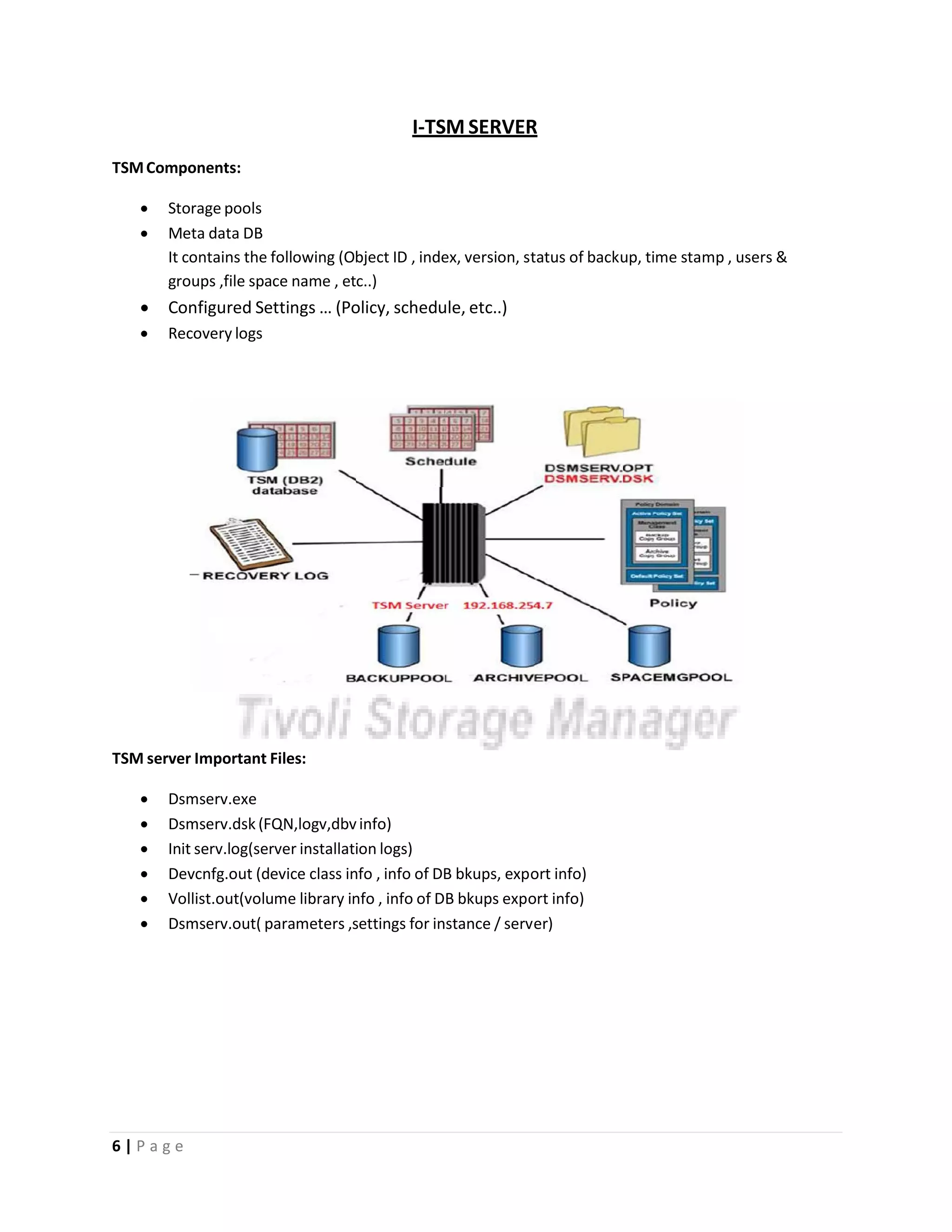 I‐TSM SERVER
TSMComponents:
• Storage pools
• Meta data DB
It contains the following (Object ID , index, version, status of backup, time stamp , users &
groups ,file space name , etc..)
• Configured Settings … (Policy, schedule, etc..)
• Recovery logs
TSM server Important Files:
• Dsmserv.exe
• Dsmserv.dsk (FQN,logv,dbvinfo)
• Init serv.log(server installation logs)
• Devcnfg.out (device class info , info of DB bkups, export info)
• Vollist.out(volume library info , info of DB bkups export info)
• Dsmserv.out( parameters ,settings for instance / server)
6 | P a g e
 