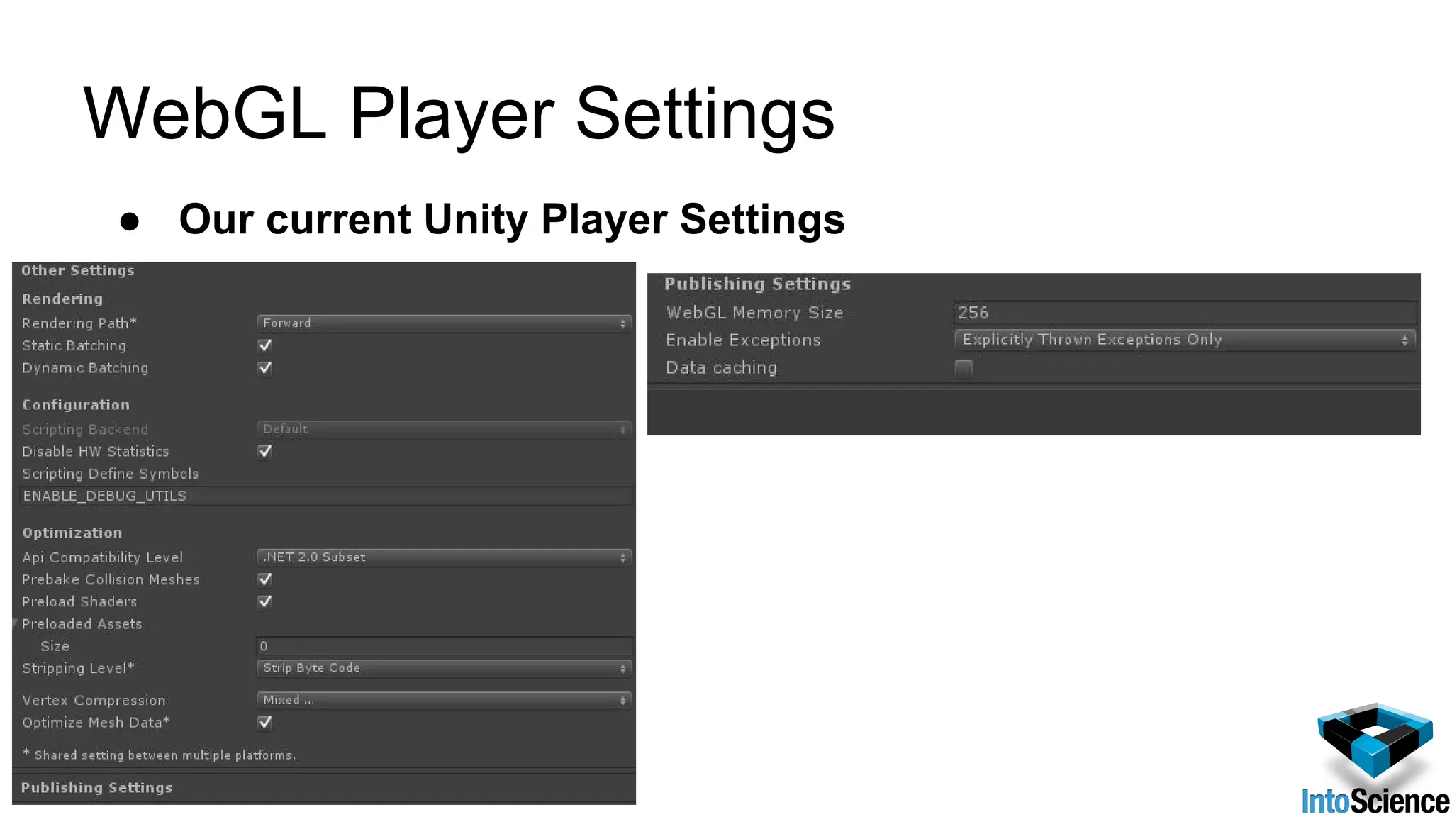 WebGL Player Settings
● Our current Unity Player Settings
 