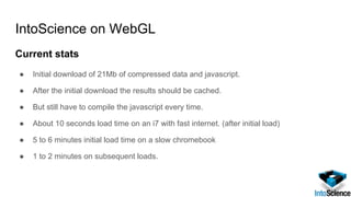 IntoScience on WebGL
Current stats
● Initial download of 21Mb of compressed data and javascript.
● After the initial download the results should be cached.
● But still have to compile the javascript every time.
● About 10 seconds load time on an i7 with fast internet. (after initial load)
● 5 to 6 minutes initial load time on a slow chromebook
● 1 to 2 minutes on subsequent loads.
 