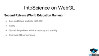 IntoScience on WebGL
Second Release (World Education Games)
● Lots and lots of students (800,000)
● Scary
● Solved the problem with the memory and stability
● Improved 3D performance.
 