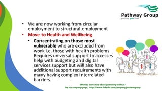 Want to learn more about partnering with us?
See our company page: https://www.linkedin.com/company/pathwaygroup
• We are now working from circular
employment to structural employment
• Move to Health and Wellbeing
• Concentrating on those most
vulnerable who are excluded from
work i.e. those with health problems.
Requires universal support to accesses
help with budgeting and digital
services support but will also have
additional support requirements with
many having complex interrelated
barriers.
 