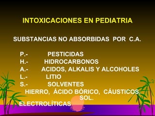 INTOXICACIONES EN PEDIATRIA SUBSTANCIAS NO ABSORBIDAS  POR  C.A. P.-    PESTICIDAS H.-  HIDROCARBONOS A.-  ACIDOS, ALKALIS Y ALCOHOLES L.-   LITIO S.-    SOLVENTES HIERRO,  ÁCIDO BÓRICO,  CÁUSTICOS,  SOL. ELECTROLÍTICAS 