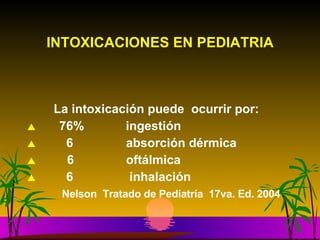 INTOXICACIONES EN PEDIATRIA   La intoxicación puede  ocurrir por: 76%  ingestión   6   absorción dérmica 6  oftálmica    6   inhalación Nelson  Tratado de Pediatría  17va. Ed. 2004 