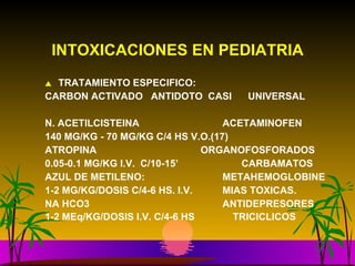 INTOXICACIONES EN PEDIATRIA TRATAMIENTO ESPECIFICO: CARBON ACTIVADO  ANTIDOTO  CASI  UNIVERSAL N. ACETILCISTEINA  ACETAMINOFEN 140 MG/KG - 70 MG/KG C/4 HS V.O.(17)  ATROPINA    ORGANOFOSFORADOS 0.05-0.1 MG/KG I.V.  C/10-15’   CARBAMATOS AZUL DE METILENO:  METAHEMOGLOBINE 1-2 MG/KG/DOSIS C/4-6 HS. I.V. MIAS TOXICAS. NA HCO3   ANTIDEPRESORES 1-2 MEq/KG/DOSIS I.V. C/4-6 HS  TRICICLICOS   