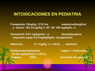 INTOXICACIONES EN PEDIATRIA Fomepizole 15mg/kg  C/12 hrs  metanol-etilenglicol o  etanol: 10% 0.6 gs/kg iv 30’- 60’ 100 mg/kg/hr. iv Flumazenil: 0.01 mg/kg/min. i.v.  benzodiacepina respuesta luego 0.01/mg/kg/kg/hr. recuperación Naloxona:  0.1 mg/kg  i.v. c/6 hs.  opiáceos Obidoxima/pralidoxima:  órgano – fosforados 20-40 mg/kg/dosis iv c/6 hs.  Oxígeno: 100%   monóxido de carbono 