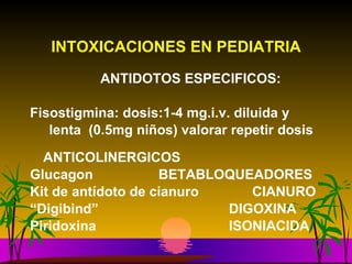 INTOXICACIONES EN PEDIATRIA ANTIDOTOS ESPECIFICOS: Fisostigmina: dosis:1-4 mg.i.v. diluida y  lenta  (0.5mg niños) valorar repetir dosis  ANTICOLINERGICOS Glucagon   BETABLOQUEADORES Kit de antídoto de cianuro  CIANURO “ Digibind”   DIGOXINA Piridoxina   ISONIACIDA 