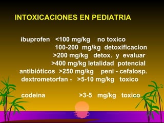 INTOXICACIONES EN PEDIATRIA   ibuprofen  <100 mg/kg  no toxico 100-200  mg/kg  detoxificacion >200 mg/kg  detox.  y  evaluar >400 mg/kg letalidad  potencial antibióticos  >250 mg/kg  peni - cefalosp. dextrometorfan -  >5-10 mg/kg  toxico codeina  >3-5  mg/kg  toxico 