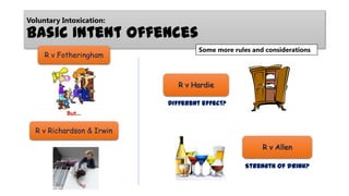 Voluntary Intoxication:

Basic Intent Offences
R v Fotheringham

Some more rules and considerations

R v Hardie
Different effect?
But…

R v Richardson & Irwin
R v Allen
Strength of drink?

 