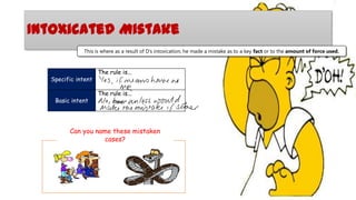 Intoxicated Mistake
This is where as a result of D’s intoxication, he made a mistake as to a key fact or to the amount of force used.

Specific intent
Basic intent

The rule is...

The rule is...

Can you name these mistaken
cases?

 