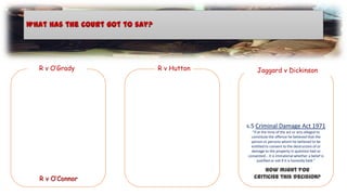 What has the Court got to say?

R v O’Grady

R v Hutton

Jaggard v Dickinson

s.5 Criminal Damage Act 1971
“if at the time of the act or acts alleged to
constitute the offence he believed that the
person or persons whom he believed to be
entitled to consent to the destruction of or
damage to the property in question had so
consented... it is immaterial whether a belief is
justified or not if it is honestly held.”

R v O’Connor

How might you
criticise this decision?

 