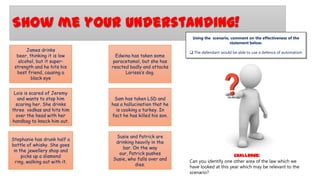 Show me your understanding!
Using the scenario, comment on the effectiveness of the
statement below:

James drinks
beer, thinking it is low
alcohol, but it superstrength and he hits his
best friend, causing a
black eye

Edwina has taken some
paracetamol, but she has
reacted badly and attacks
Larissa’s dog.

Lois is scared of Jeremy
and wants to stop him
scaring her. She drinks
three vodkas and hits him
over the head with her
handbag to knock him out.

Sam has taken LSD and
has a hallucination that he
is cooking a turkey. In
fact he has killed his son.

Stephanie has drunk half a
bottle of whisky. She goes
in the jewellery shop and
picks up a diamond
ring, walking out with it.

Susie and Patrick are
drinking heavily in the
bar. On the way
our, Patrick pushes
Susie, who falls over and
dies.

 The defendant would be able to use a defence of automatism

Challenge:
Can you identify one other area of the law which we
have looked at this year which may be relevant to the
scenario?

 