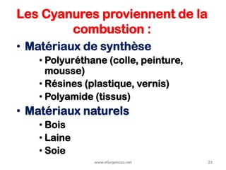 Les Cyanures proviennent de la
combustion :
• Matériaux de synthèse
• Polyuréthane (colle, peinture,
mousse)
• Résines (plastique, vernis)
• Polyamide (tissus)
• Matériaux naturels
• Bois
• Laine
• Soie
www.efurgences.net 23
 