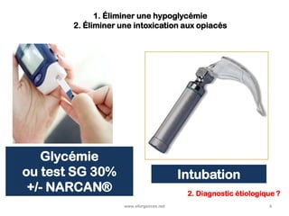 1. Éliminer une hypoglycémie
2. Éliminer une intoxication aux opiacés
www.efurgences.net 4
Glycémie
ou test SG 30%
+/- NARCAN®
Intubation
2. Diagnostic étiologique ?
 