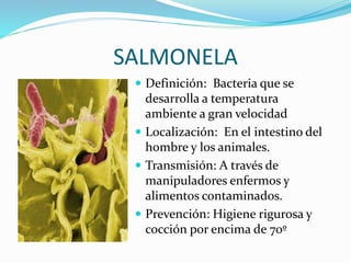 SALMONELA
 Definición: Bacteria que se
desarrolla a temperatura
ambiente a gran velocidad
 Localización: En el intestino del
hombre y los animales.
 Transmisión: A través de
manipuladores enfermos y
alimentos contaminados.
 Prevención: Higiene rigurosa y
cocción por encima de 70º
 