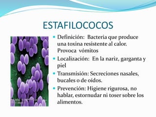ESTAFILOCOCOS
 Definición: Bacteria que produce
una toxina resistente al calor.
Provoca vómitos
 Localización: En la nariz, garganta y
piel
 Transmisión: Secreciones nasales,
bucales o de oídos.
 Prevención: Higiene rigurosa, no
hablar, estornudar ni toser sobre los
alimentos.
 