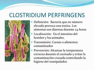 CLOSTRIDIUM PERFRINGENS
 Definición: Bacteria que en número
elevado provoca una toxina. Los
síntomas son diarreas durante 24 horas
 Localización: En el intestino del
hombre y los animales.
 Transmisión: Carnes o alimentos
contaminados
 Prevención: Alcanzar la temperatura
correcta durante el cocinado y evitar la
contaminación cruzada controlando la
higiene del manipulador.
 