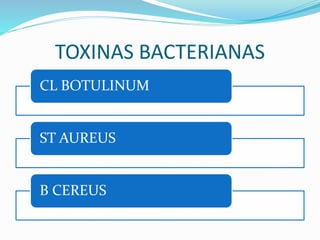 TOXINAS BACTERIANAS
CL BOTULINUM
ST AUREUS
B CEREUS
 