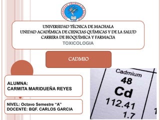UNIVERSIDAD TÉCNICA DE MACHALA
UNIDAD ACADÉMICA DE CIENCIAS QUÍMICAS Y DE LA SALUD
CARRERA DE BIOQUÍMICA Y FARMACIA
TOXICOLOGIA
ALUMNA:
CARMITA MARIDUEÑA REYES
NIVEL: Octavo Semestre “A”
DOCENTE: BQF. CARLOS GARCIA
CADMIO
 