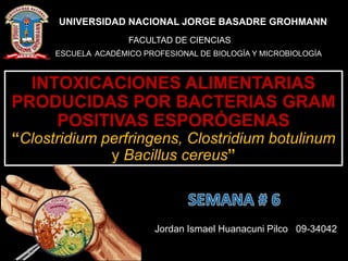 INTOXICACIONES ALIMENTARIAS
PRODUCIDAS POR BACTERIAS GRAM
POSITIVAS ESPORÓGENAS
“Clostridium perfringens, Clostridium botulinum
y Bacillus cereus”
UNIVERSIDAD
UNIVERSIDAD NACIONAL JORGE BASADRE GROHMANN
FACULTAD DE CIENCIAS
ESCUELA ACADÉMICO PROFESIONAL DE BIOLOGÍA Y MICROBIOLOGÍA
Jordan Ismael Huanacuni Pilco 09-34042
 