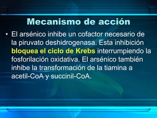 Mecanismo de acciónEl arsénico inhibe un cofactor necesario de la piruvato deshidrogenasa. Esta inhibición bloquea el ciclo de Krebsinterrumpiendo la fosforilaciónoxidativa. El arsénico también inhibe la transformación de la tiamina a acetil-CoA y succinil-CoA. 