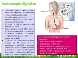 Adolfo Bautista Casasnovas y Federico Argüelles Martín. Ingesta de cáusticos. Adolfo Bautista Casasnovas y Federico Argüelles Martín. Ingesta de cáusticos.
Las contraindicaciones para practicar la
endoscopia :
• Inestabilidad hemodinámica
• Sospecha de perforación
• Obstrucción de la vía aérea superior
• Clínica de causticación graves >6h
postexposición ya que aumenta mucho el
riesgo de perforación.
• Permite un diagnóstico exacto de la
lesión y su extensión, un pronóstico y
actitud terapéutica correcta.
• Debe efectuarse de manera
temprana entre las 12 y las 48 horas
posteriores a la ingesta.
• De forma habitual se practica en las
primeras 24 horas.
• Debe esperarse unas 6-12 horas tras
la ingesta, para estabilizar al paciente
y además porque si hubiera
complicaciones graves éstas ya se
habrán presentado.
• El periodo de observación no debe
exceder las 72 horas, pues si
recordamos la evolución natural de
las lesiones, a partir de ese momento
la escara y el tejido de granulación
hacen que el esófago sea más friable
y exista más riesgo de perforación.
 