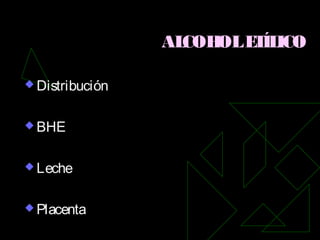 ALCOHOLETÍLICO
 Distribución
 BHE
 Leche
 Placenta
 