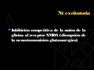 Nt excitatoria
 Inhibición competitiva de la unión de la
glicina al receptorNMDA (disrupción de
la neurotransmisión glutamaérgica)
 