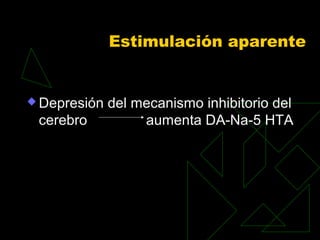 Estimulación aparente
 Depresión del mecanismo inhibitorio del
cerebro aumenta DA-Na-5 HTA
 