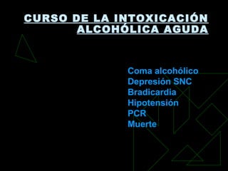 CURSO DE LA INTOXICACIÓN
ALCOHÓLICA AGUDA
Coma alcohólicoComa alcohólico
Depresión SNCDepresión SNC
BradicardiaBradicardia
HipotensiónHipotensión
PCRPCR
MuerteMuerte
 