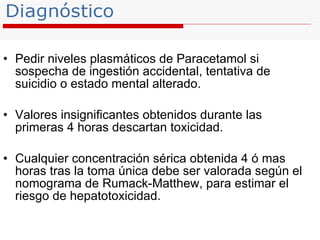 Pedir niveles plasmáticos de Paracetamol si sospecha de ingestión accidental, tentativa de suicidio o estado mental alterado. Valores insignificantes obtenidos durante las primeras 4 horas descartan toxicidad. Cualquier concentración sérica obtenida 4 ó mas horas tras la toma única debe ser valorada según el nomograma de Rumack-Matthew, para estimar el riesgo de hepatotoxicidad.  