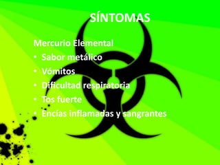 SÍNTOMAS
Mercurio Elemental
• Sabor metálico
• Vómitos
• Dificultad respiratoria
• Tos fuerte
• Encías inflamadas y sangrantes
 