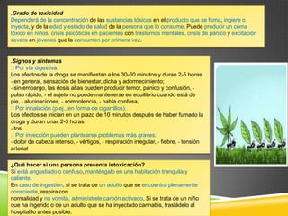 .Grado de toxicidad
Dependerá de la concentración de las sustancias tóxicas en el producto que se fuma, ingiere o
inyecta, y de la edad y estado de salud de la persona que lo consume. Puede producir un coma
tóxico en niños, crisis psicóticas en pacientes con trastornos mentales, crisis de pánico y excitación
severa en jóvenes que la consumen por primera vez.

.Signos y síntomas
Por vía digestiva,
Los efectos de la droga se manifiestan a los 30-60 minutos y duran 2-5 horas.
- en general, sensación de bienestar, dicha y adormecimiento;
- sin embargo, las dosis altas pueden producir temor, pánico y confusión, pulso rápido, - el sujeto no puede mantenerse en equilibrio cuando está de
pie, - alucinaciones, - somnolencia, - habla confusa,
Por inhalación (p.ej., en forma de cigarrillos).
Los efectos se inician en un plazo de 10 minutos después de haber fumado la
droga y duran unas 2-3 horas.
- tos
Por inyección pueden plantearse problemas más graves:
- dolor de cabeza intenso, - vértigos, - respiración irregular, - fiebre, - tensión
arterial
¿Qué hacer si una persona presenta intoxicación?
Si está angustiado o confuso, manténgalo en una habitación tranquila y
caliente.
En caso de ingestión, si se trata de un adulto que se encuentra plenamente
consciente, respira con
normalidad y no vomita, adminístrele carbón activado. Si se trata de un niño
que ha ingerido o de un adulto que se ha inyectado cannabis, trasládelo al
hospital lo antes posible.

 